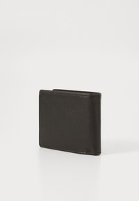 Black leather wallet with a smooth texture, rectangular shape, and stitched edges, featuring a minimalist design. Compact and functional.