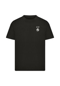 Black cotton t-shirt with short sleeves, featuring a small AC/DC logo in white and gray on the left chest area. Classic crew neck design.