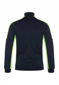 Veste marine avec des rayures vert fluo sur les épaules et les manches, col haut, et bords côtelés au niveau des poignets et de l'ourlet. Texture lisse.