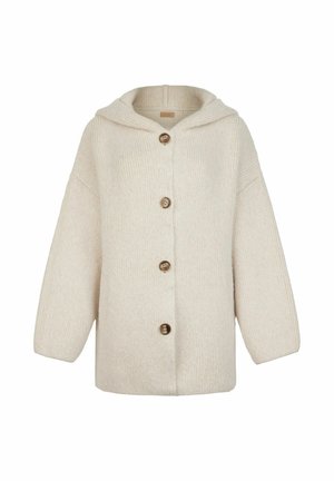 Cardigan lavorato a maglia color crema con cappuccio, maniche lunghe e quattro grandi bottoni marroni sul davanti.