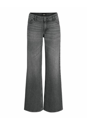 Jean denim gris taille haute avec jambes larges, fermeture à boutons sur le devant et style classique à cinq poches.