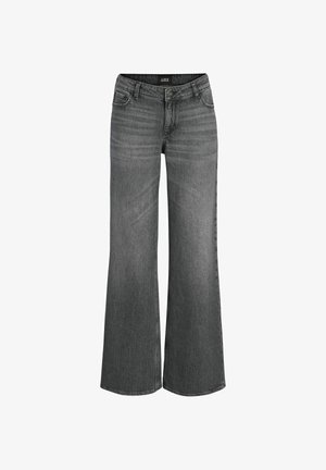 Pelēkas džinsa bikses ar augstu vidukli un platiem kāju galiem, priekšējā daļā ar pogu aizdari un klasisku piecu kabatu dizainu.