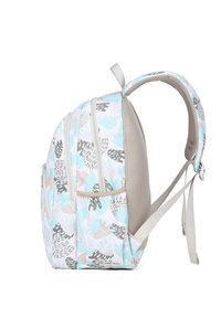 Zaino elegante in colori pastello con motivi astratti. Presenta doppie cerniere, dettagli in rete e spallacci imbottiti e regolabili.