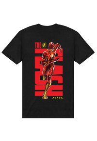 Svart t-shirt med en livlig grafisk bild av The Flash i aktion, med fet stil och en serietidningsinspirerad design i röd och gul.