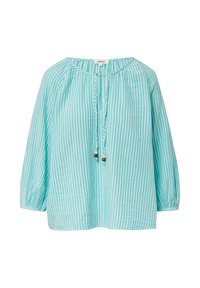 Light blue striped blouse with a round neckline, gathered detailing, and drawstring ties with wooden beads. Features long sleeves and a relaxed fit.