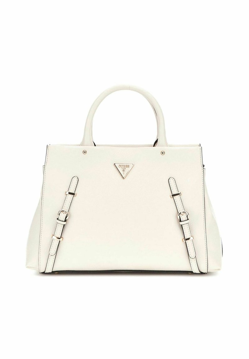 Borsa strutturata bianca con una texture liscia, doppi manici superiori e cinturini regolabili. Presenta un logo triangolare e sottili dettagli dorati.