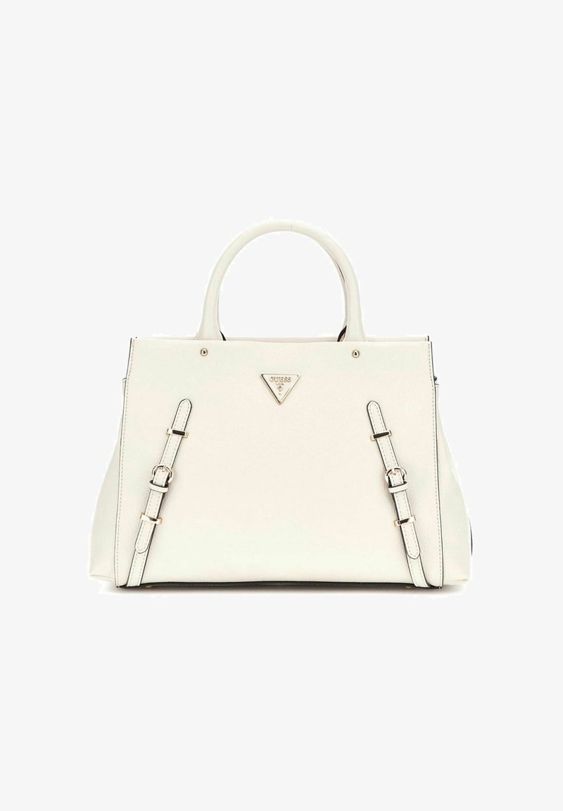 Borsa strutturata bianca con una texture liscia, doppi manici superiori e cinturini regolabili. Presenta un logo triangolare e sottili dettagli dorati.