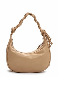 Beežist nahast käekott punutud rihmaga ja tõmblukuga sulgemisega. Sile tekstuur, ümar kuju ja dekoratiivsed sõlmed sangal.