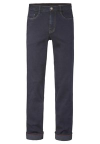 Dark denim jeans with a straight fit, featuring five pockets, contrast stitching, and a rolled cuff at the hem. Classic button closure.