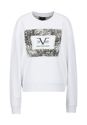 Weißes Sweatshirt mit langen Ärmeln, mit einem schwarz-weißen Animal-Print-Einsatz und dem Schriftzug "19 V 69 amor vincit omnia" auf der Vorderseite.
