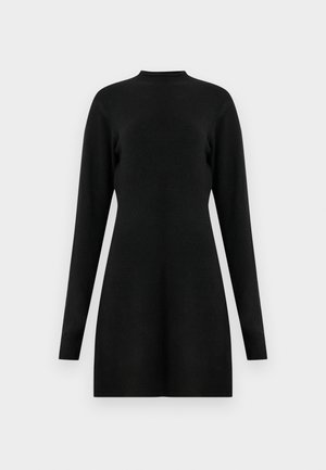 Black knitted dress with long sleeves, high neckline, and a fitted silhouette tapering to a slightly flared hem. Smooth texture, no patterns.