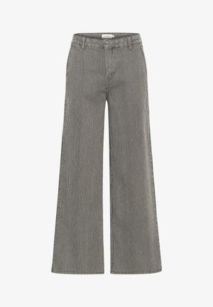 Schwarz-weiße gestreifte weit geschnittene Hose mit hoher Taille, ausgestattet mit Gürtelschlaufen und einer glatten Textur. Eignet sich sowohl für die Freizeit als auch für formelle Anlässe.