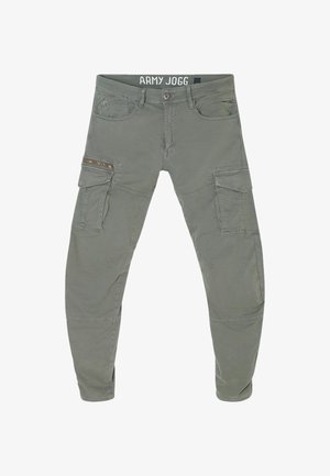 Pantalons jogger cargo vert olive avec plusieurs poches, détails zippés et une coupe fuselée. Fabriqués à partir d'un matériau doux et extensible.