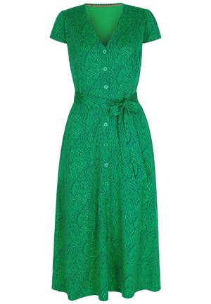 Groene jurk tot op de knie met korte mouwen, knoopsluiting aan de voorkant, bladmotief, V-hals en bijpassende stoffen riem in de taille gestrikt.