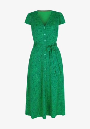 Groene jurk tot op de knie met korte mouwen, knoopsluiting aan de voorkant, bladmotief, V-hals en bijpassende stoffen riem in de taille gestrikt.