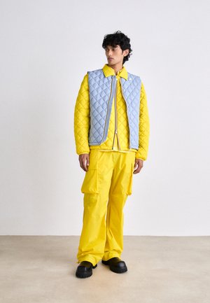 Chaleco acolchado azul sobre una chaqueta amarilla y pantalones cargos amarillos. Zapatos negros gruesos. Textura suave, colores contrastantes y diseño funcional.