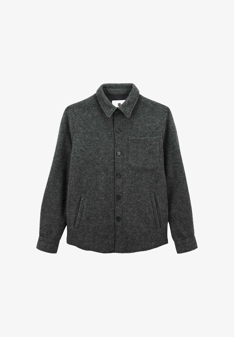Veste en laine gris foncé boutonnée avec col, manches longues, une poche sur la poitrine et deux poches latérales.