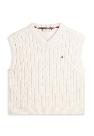 Cremefarbene gestrickte ärmellose Pulloverweste mit V-Ausschnitt und kleinem Tommy Hilfiger-Logo auf der Brust.