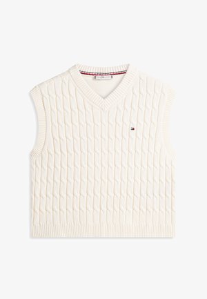 Krém színű kötött ujjatlan pulóver mellény V-nyakkivágással és kis Tommy Hilfiger logóval a mellrészen.