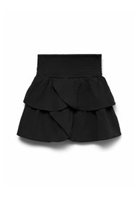 Sort, lagdelt mini nederdel med elastisk høj talje og lagdelt volangdesign på en hvid baggrund.