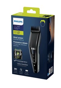 Philips Haarknipser Serie 7000, zwart met textuur grip, beschikt over een krachtige aanpassingssensor, verstelbare lengte-instellingen en een oplaadbare batterij.