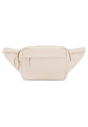 Beige Faux-Leder Gürteltasche mit glatter Textur, rechteckiger Form, Vordertasche mit Reißverschluss und goldenem Branding-Detail. Verstellbare Träger sind enthalten.
