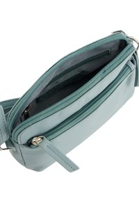 Helleblaue Leder-Umhängetasche mit einem Reißverschluss, die mehrere Fächer und ein strukturiertes Innenfutter für eine bessere Organisation bietet.