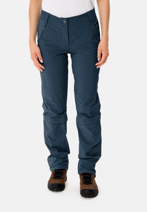 Dames outdoorbroeken in donkerblauw, gemaakt van lichte materialen met een slim fit ontwerp, ritszakken en verstevigde kniestukken.