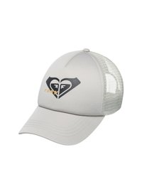 Casquette grise avec un panneau avant uni et un dos en maille, présentant un logo de cœur noir et le mot "roxy" en doré sur l'avant.