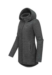 Šedá mikina na zips s kapucňou, vyrobená z textúrovaného materiálu, so zabudovanými bočnými vreckami a mierne dlhším zadným lemom. Logo na hrudi.