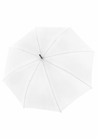 Witte paraplu met een ronde vorm, voorzien van een centrale zwarte handvat en acht secties van gladde stof, zonder zichtbare patronen of accenten.