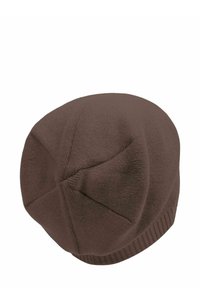Brown knit beanie with a rounded top, ribbed cuff, and a seamless design. Made of soft, textured fabric for warmth and comfort.