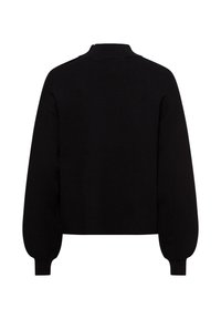 Maglione nero lavorato a maglia con colletto alto e maniche a palloncino. Tessuto liscio, taglio cropped e dettagli a coste sui polsini.