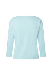 Helles blaues Langarmshirt aus glattem Baumwollmaterial, mit einem runden Halsausschnitt und einem locker sitzenden Schnitt, mit sauberen Säumen und ohne sichtbare Muster.