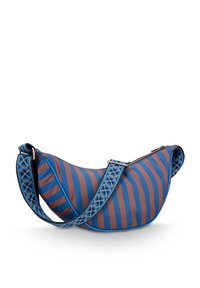 Hobo bag featuring a brown and blue striped pattern, zip closure, and a textured blue strap with a geometric design.