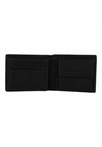 Portefeuille en cuir noir avec plusieurs emplacements pour cartes et une poche. Présente des coutures simples et une texture lisse. Ouvert pour afficher la disposition intérieure.