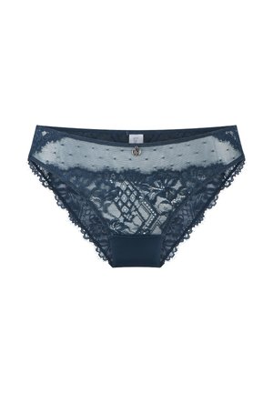 Marineblauwe kant onderbroek met bloemendessins, transparante gaaspanelen, golvende randen en een klein decoratief sieraad op de tailleband.