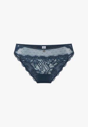 Navyblaue Spitzenunterhosen mit floralen Mustern, durchsichtigen Mesh-Einsätzen, gewellten Kanten und einem kleinen dekorativen Schmuckstück am Bund.