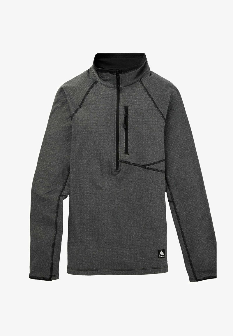 Gray pullover with a half-zip collar, textured fabric, black stitching accents, and a zippered chest pocket on the left side.