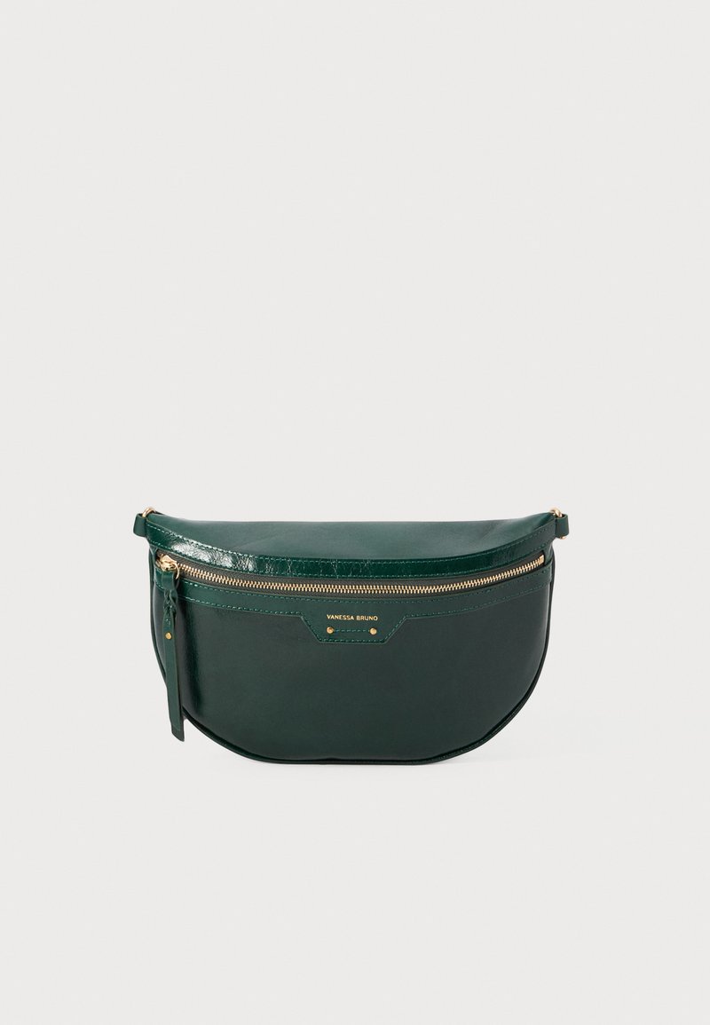 Borsa in pelle verde con forma arrotondata, hardware dorato e zip superiore. Presenta una base piatta e un marchio impresso sul davanti.