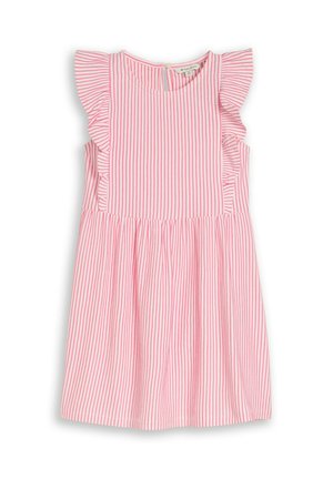 Sukienka bez rękawów w różowo-białe pionowe paski, z falbankami na ramionach i zapięciem na guziki z tyłu, dla maluszka lub małego dziecka.