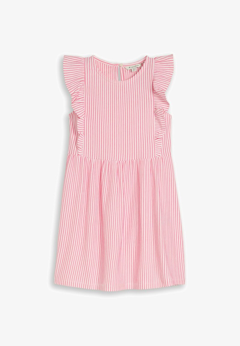 Robe sans manches rose et blanche à rayures verticales, avec des volants aux épaules et une fermeture à boutons au dos, pour un tout-petit ou un jeune enfant.