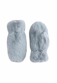 Gray faux fur mittens with a fluffy texture and rounded shape. Soft, smooth surface with no visible seams or hardware accents.