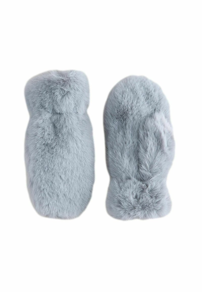 Gray faux fur mittens with a fluffy texture and rounded shape. Soft, smooth surface with no visible seams or hardware accents.