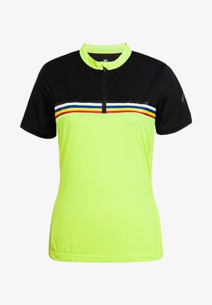 Cyklistický dres s krátkým rukávem v neonově žluté a černé barvě. Má čtvrtinový zip a vodorovné vícebarevné pruhy přes hruď.