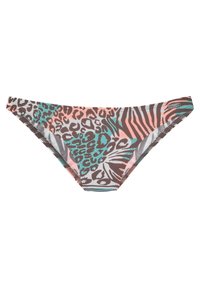 Bikini-Hose in gemischtem Tierdruck mit Leoparden- und Zebra-Muster in Braun, Türkis und Pfirsich auf einem dehnbaren, weichen Stoff.