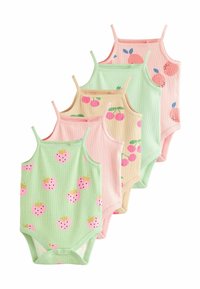 Set od pet pamučnih bodija u pastelnim bojama: ružičasta, zelena i bež, s uzorcima voća uključujući jagode i trešnje.