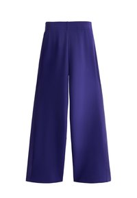 Fioletowe spodnie z szerokimi nogawkami i wysokim stanem, z elastycznym pasem, wykonane z miękkiego, gładkiego materiału, prezentowane na białym tle.