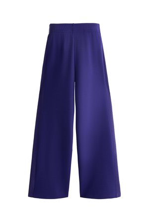 Weit geschnittene, hoch taillierte lila Hose mit elastischem Bund, gefertigt aus weichem, glattem Stoff, präsentiert vor weißem Hintergrund.