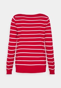 Maglione a righe rosse e bianche con maniche lunghe, scollatura tonda e polsini e orlo a coste; realizzato in materiale morbido ed elastico.